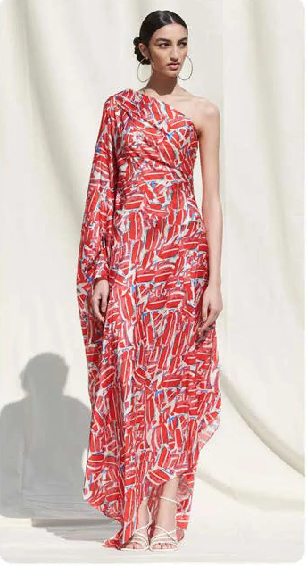 Abstract Printed One Shoulder Extended Sleeves Silk Satin Kaftan Maxi Dress - NextBuy