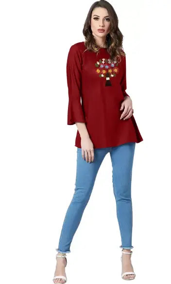 Casual Bell Sleeves Embroidered Women Maroon Top - NextBuy