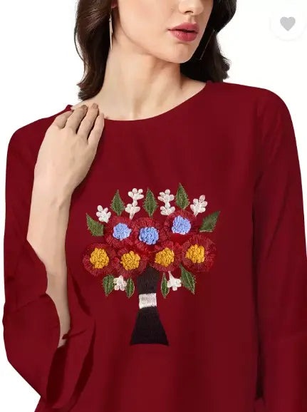 Casual Bell Sleeves Embroidered Women Maroon Top - NextBuy