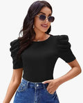 Casual Lycra Blend Round Neck Puff Half Sleeves Solid Black Color Regular Crop Top for Women’s and Girls - NextBuy