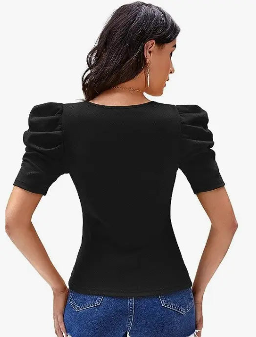 Casual Lycra Blend Round Neck Puff Half Sleeves Solid Black Color Regular Crop Top for Women’s and Girls - NextBuy