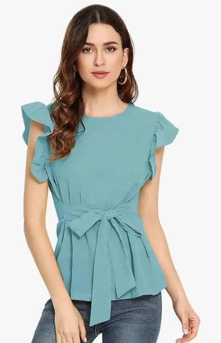 Fashionable Top Yellow & Pista Cap Sleeves Round Neck Solid Peplum Top - NextBuy
