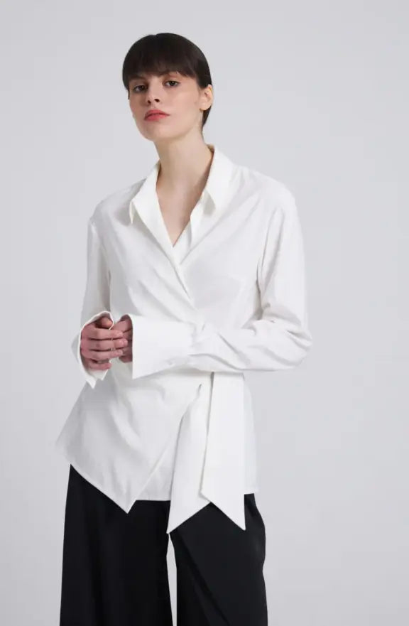 Co-Ord Set I Chic Wrap-Style White Shirt with Asymmetric Hem for Women NextBuy