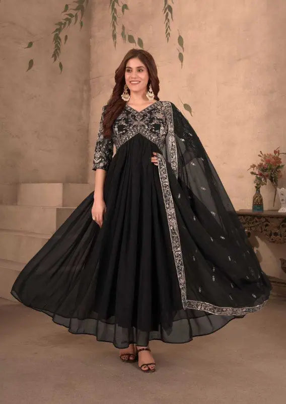 Black Embroidery Gown With Dupatta And Pant NextBuy