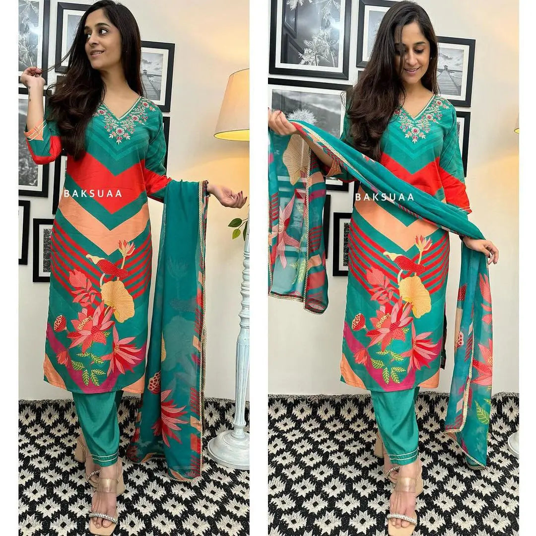 Embroidered Neck Kurti Set with Straight Pants and Chinon Dupatta - A Perfect Blend of Tradition and Style - NextBuy