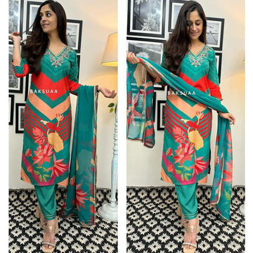 Embroidered Neck Kurti Set with Straight Pants and Chinon Dupatta - A Perfect Blend of Tradition and Style - NextBuy