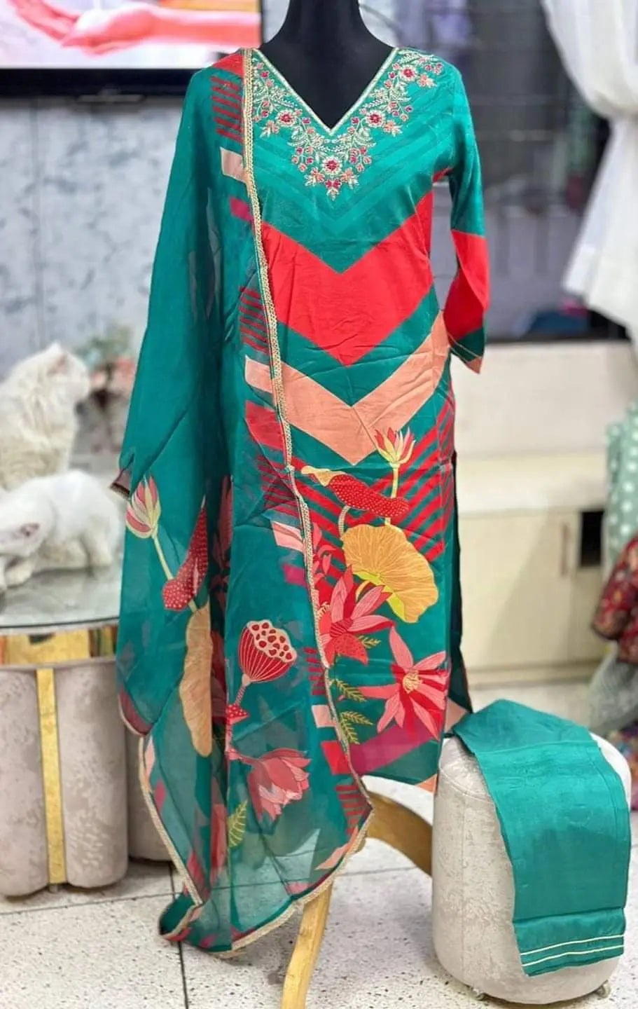 Embroidered Neck Kurti Set with Straight Pants and Chinon Dupatta - A Perfect Blend of Tradition and Style - NextBuy