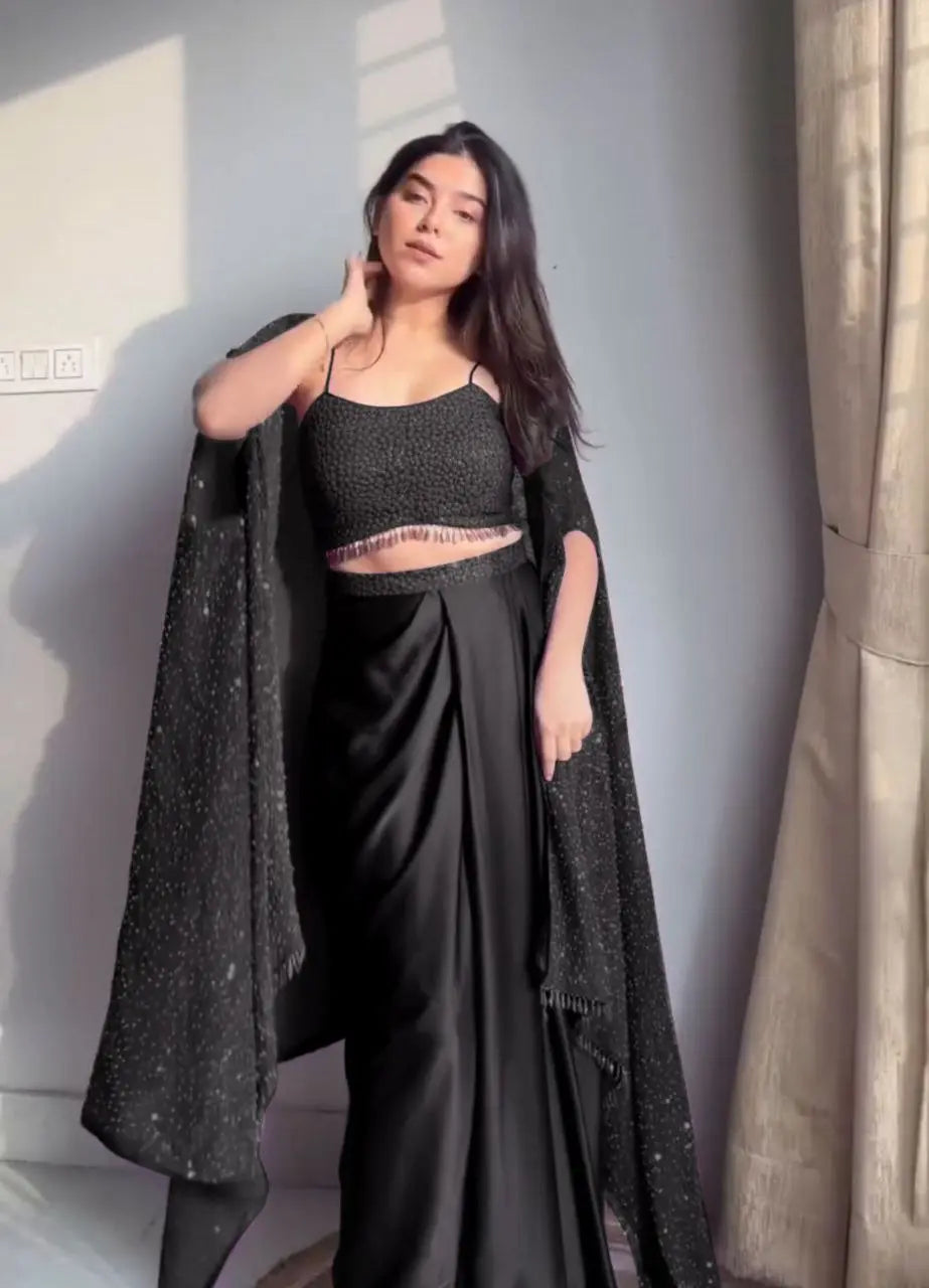 Designer Fancy Western Style Rangoli Silk Heavy Sequence Work Shrug, Tube Choli with Draped Skirt NextBuy