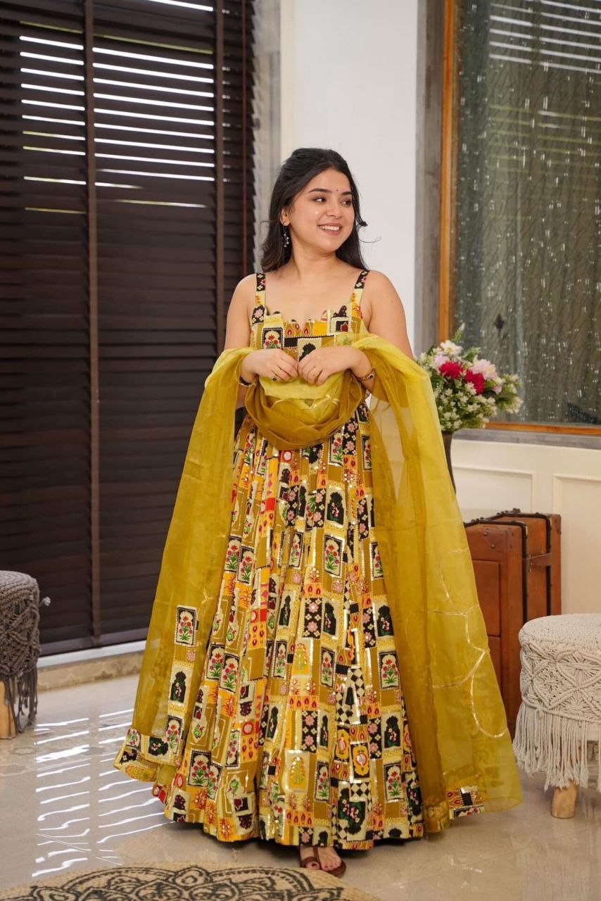 Designer Anarkali Gown with Dupatta – Digital Printed Jimmy Organza Silk NextBuy