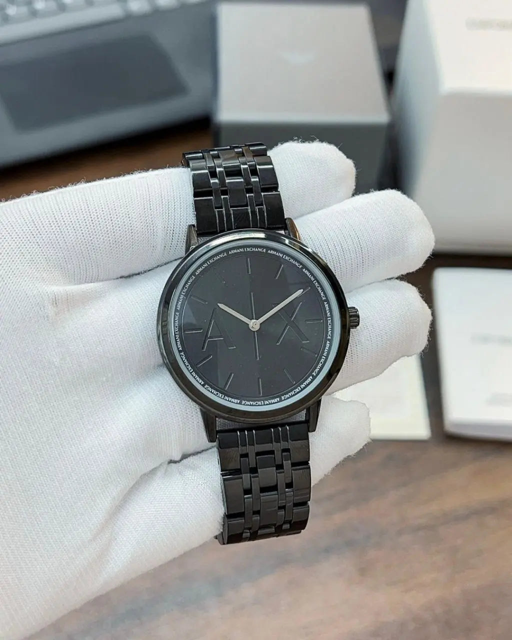 Side view of black stainless steel men's watch