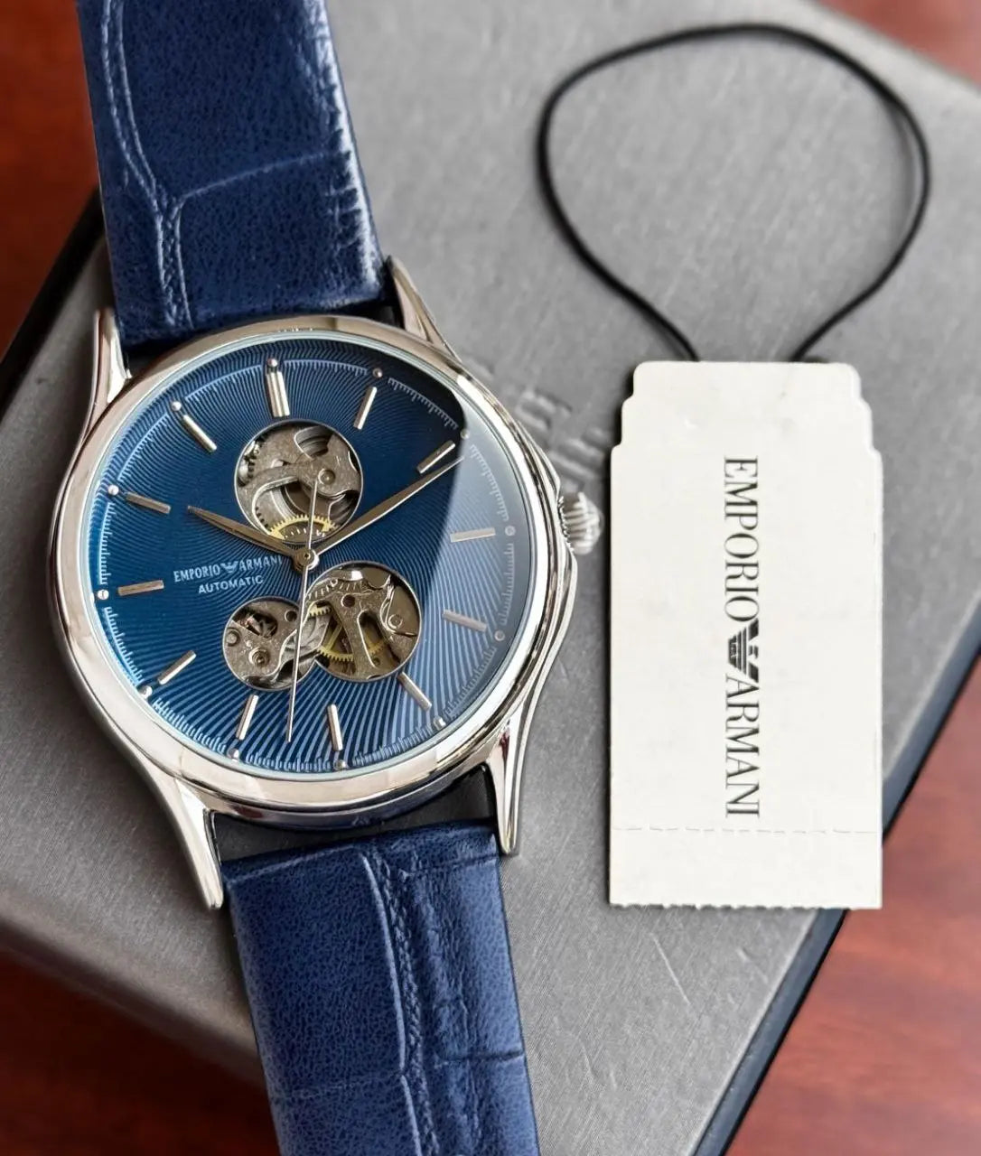 Blue leather strap with stainless steel case watch