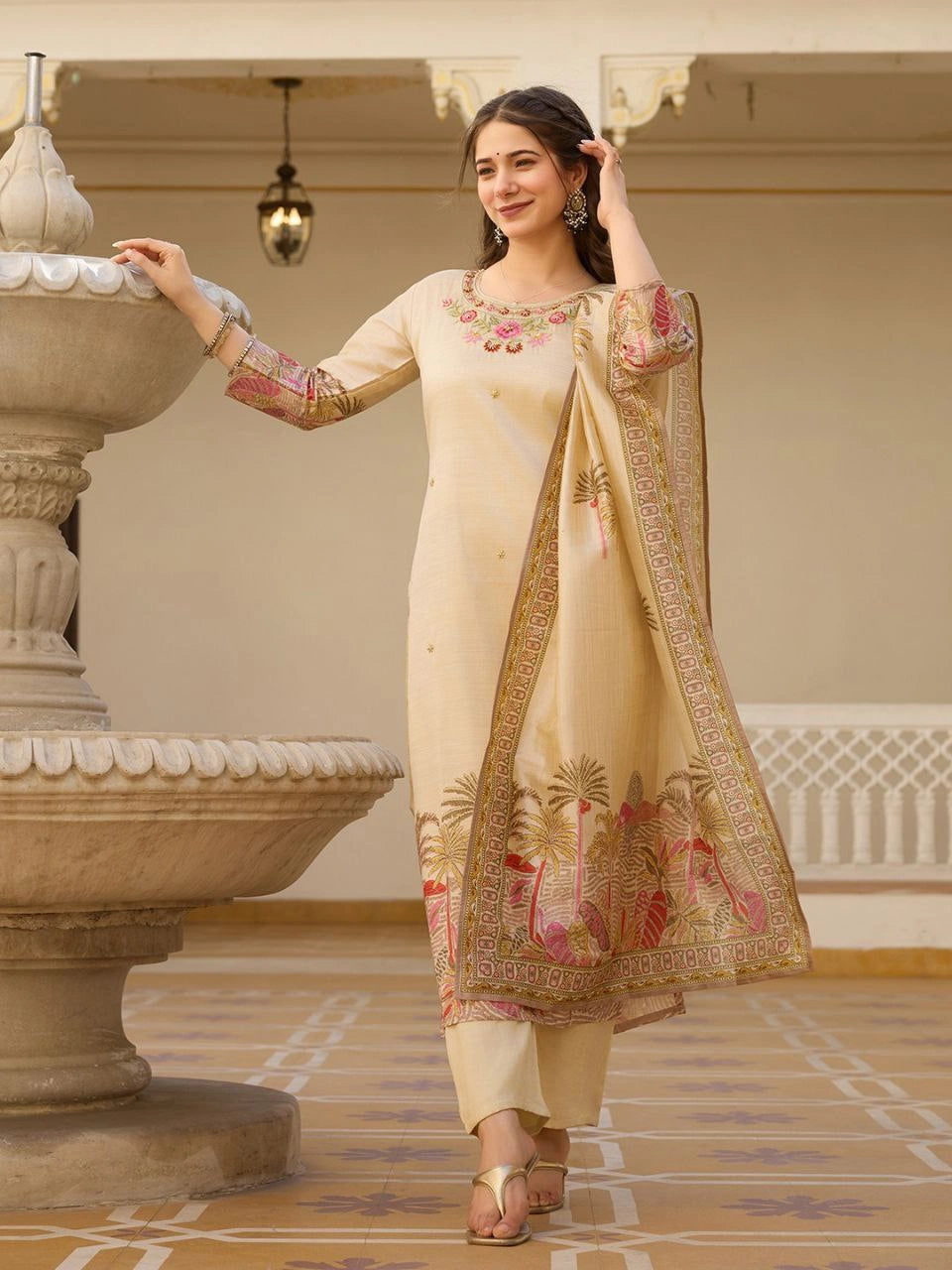 Viscose Assam silk suit top with embroidered beadwork
