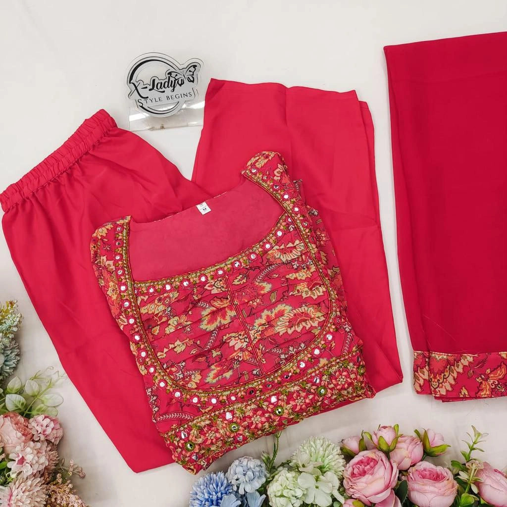 Back design of georgette Anarkali suit with printed lace