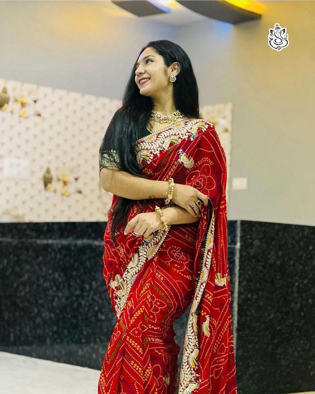 Bandhej georgette saree with gota patti work