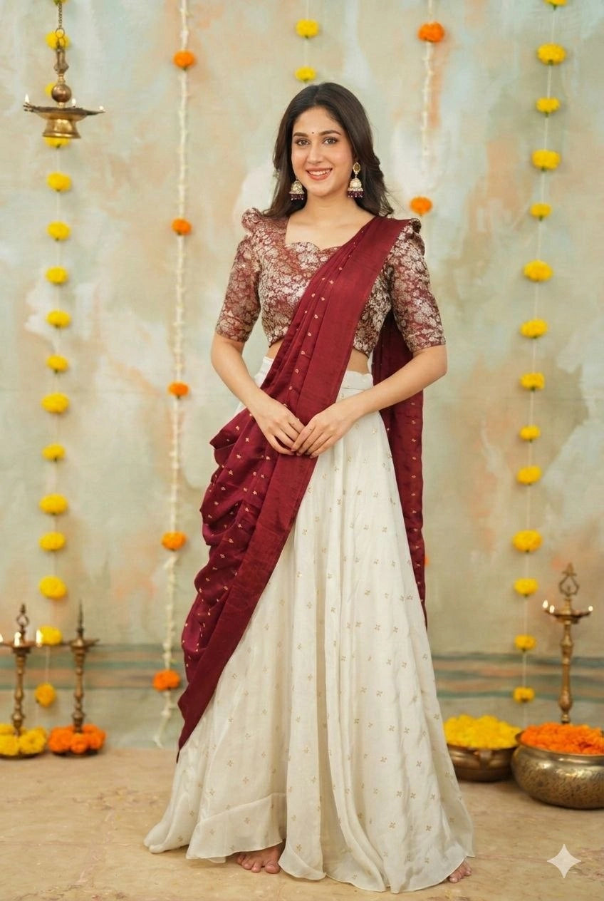 Berry cream chinnon silk lehenga set with jacquard blouse