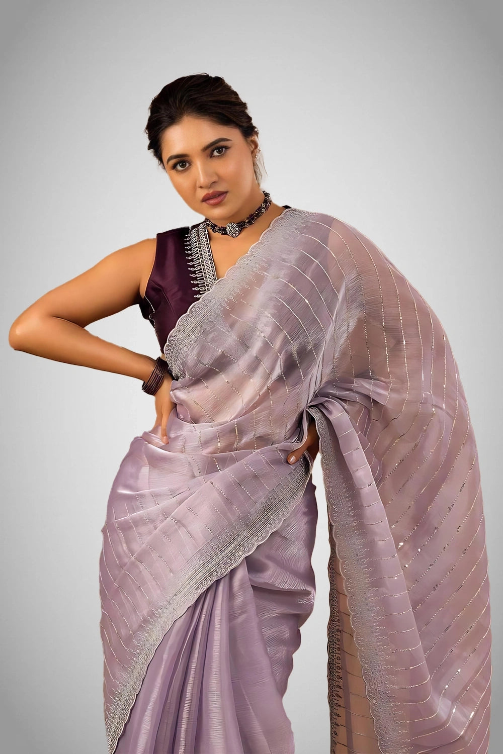 Soft Burberry saree with sequin embroidery