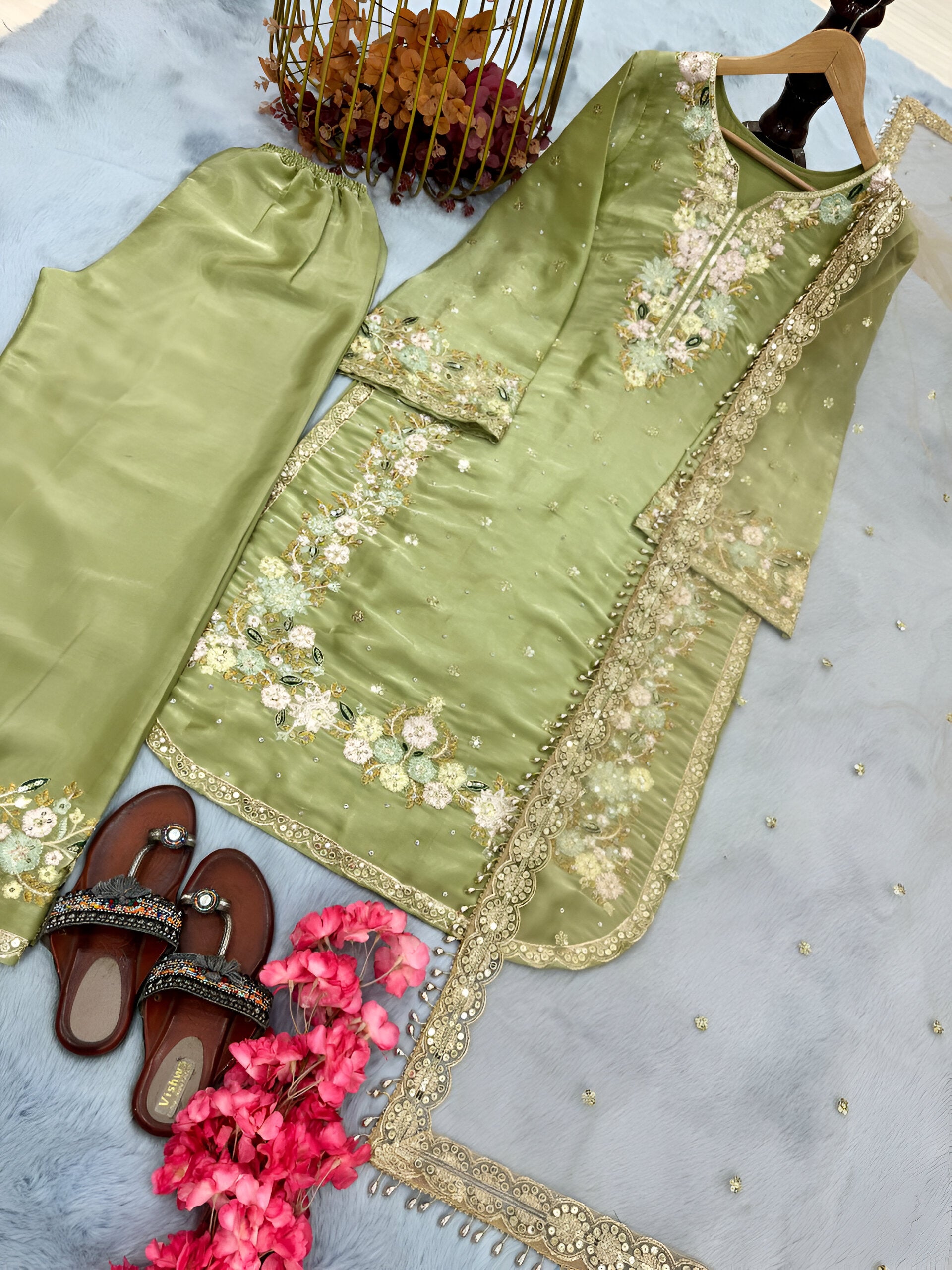 Embroidered net dupatta with latkan border