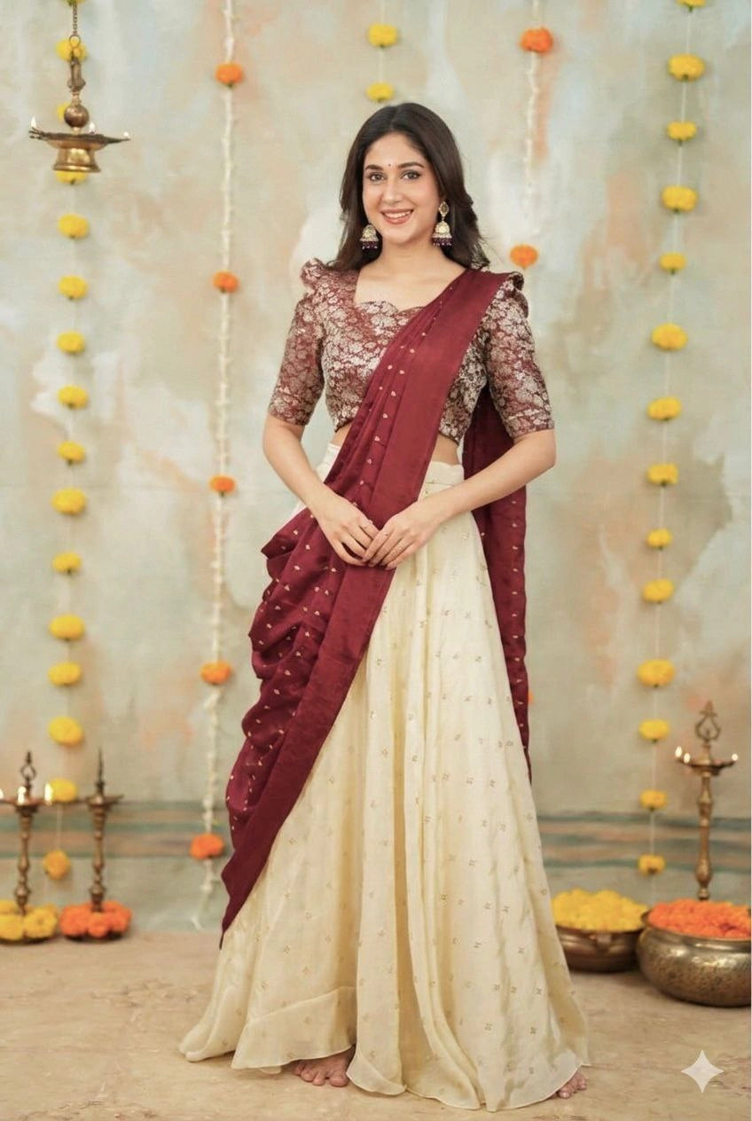 Jacquard blouse cream lehenga outfit