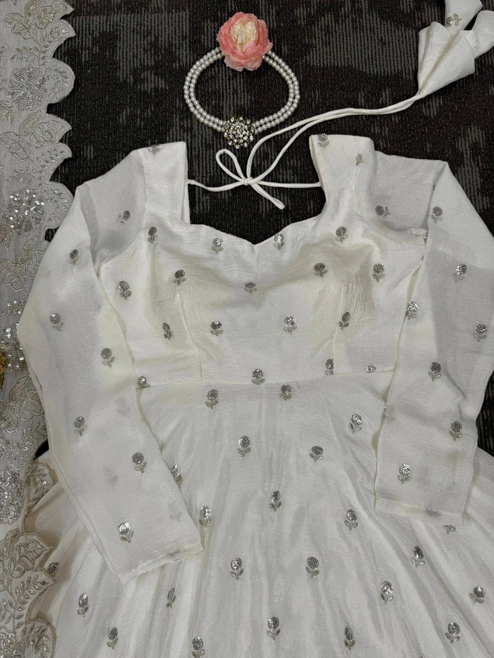 Chinon Anarkali suit front view with sequin embroidery