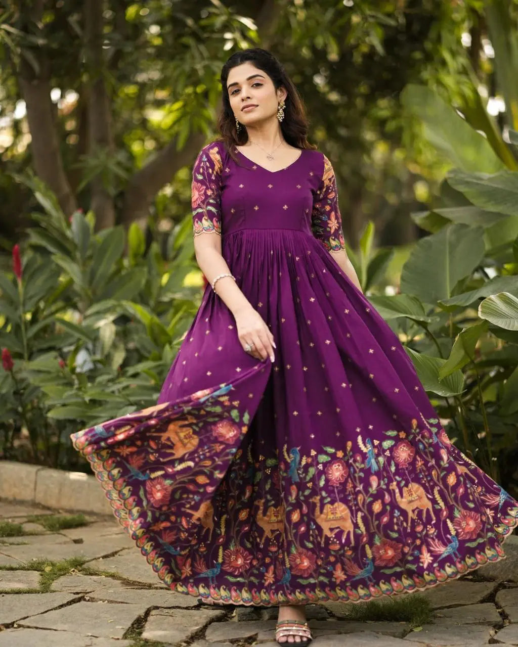 Front view of women's chinon printed gown