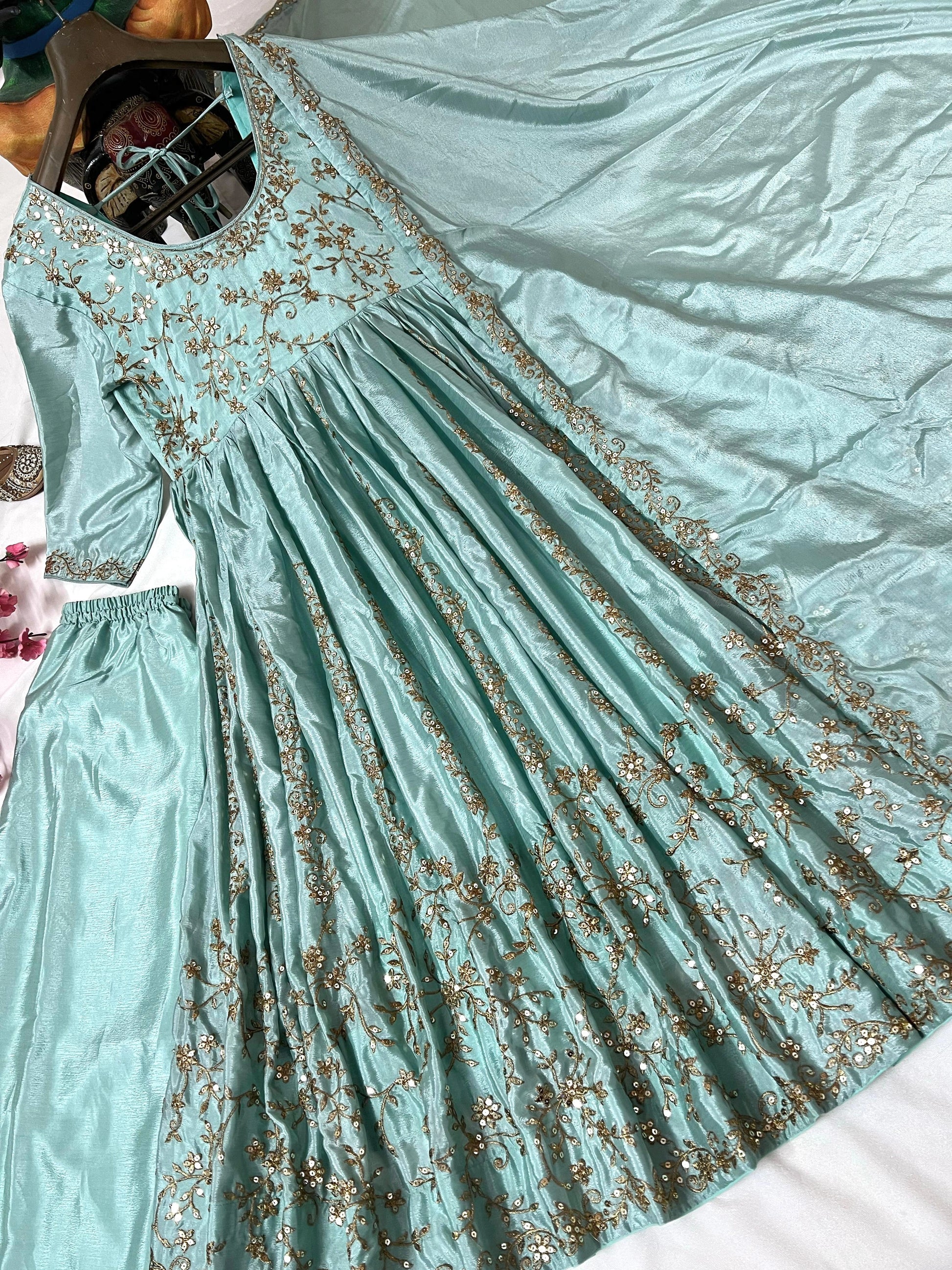Chinon silk Anarkali gown with sequin embroidery