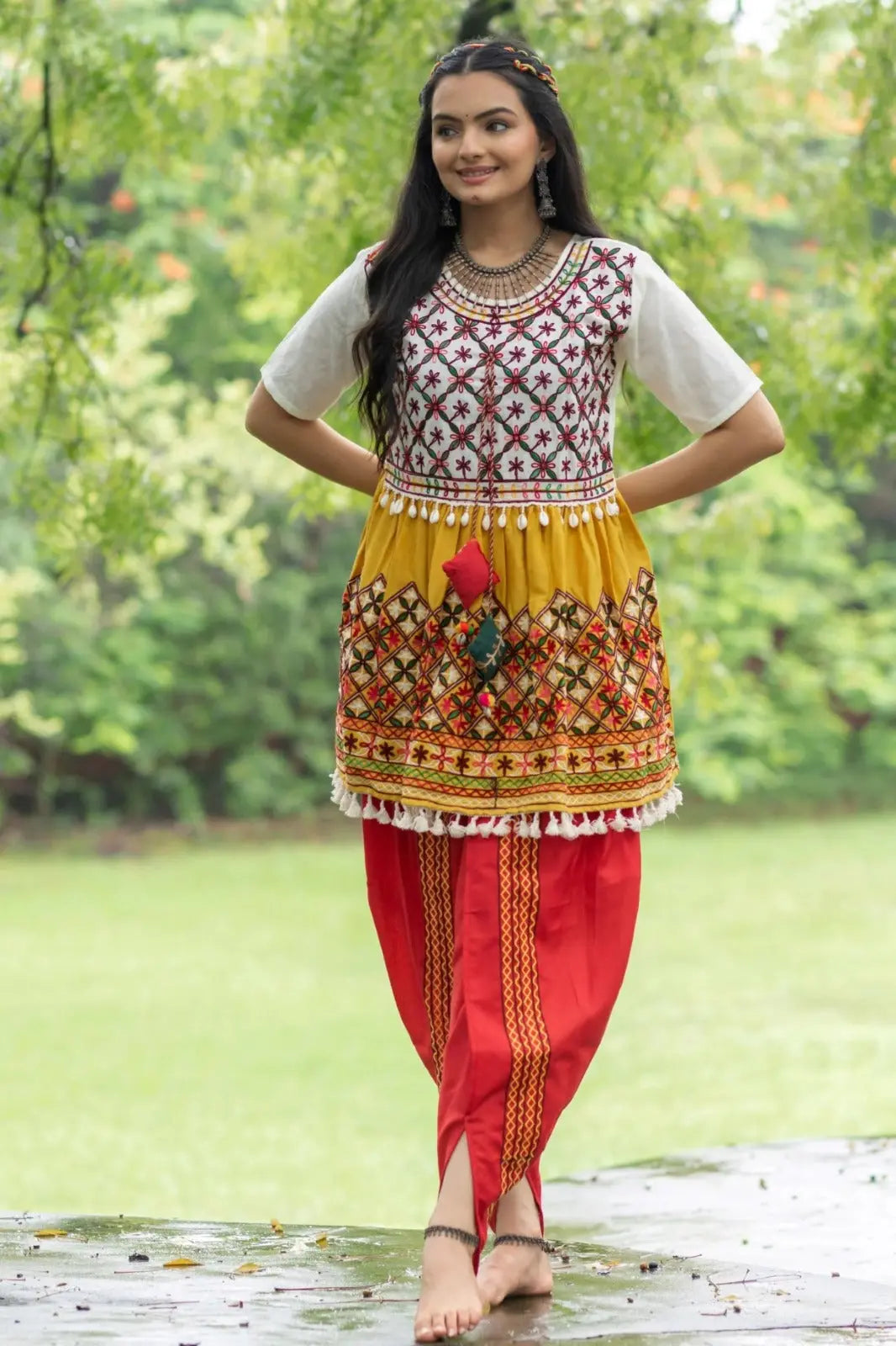 Draped tulip pant with colorful pompoms for Navratri