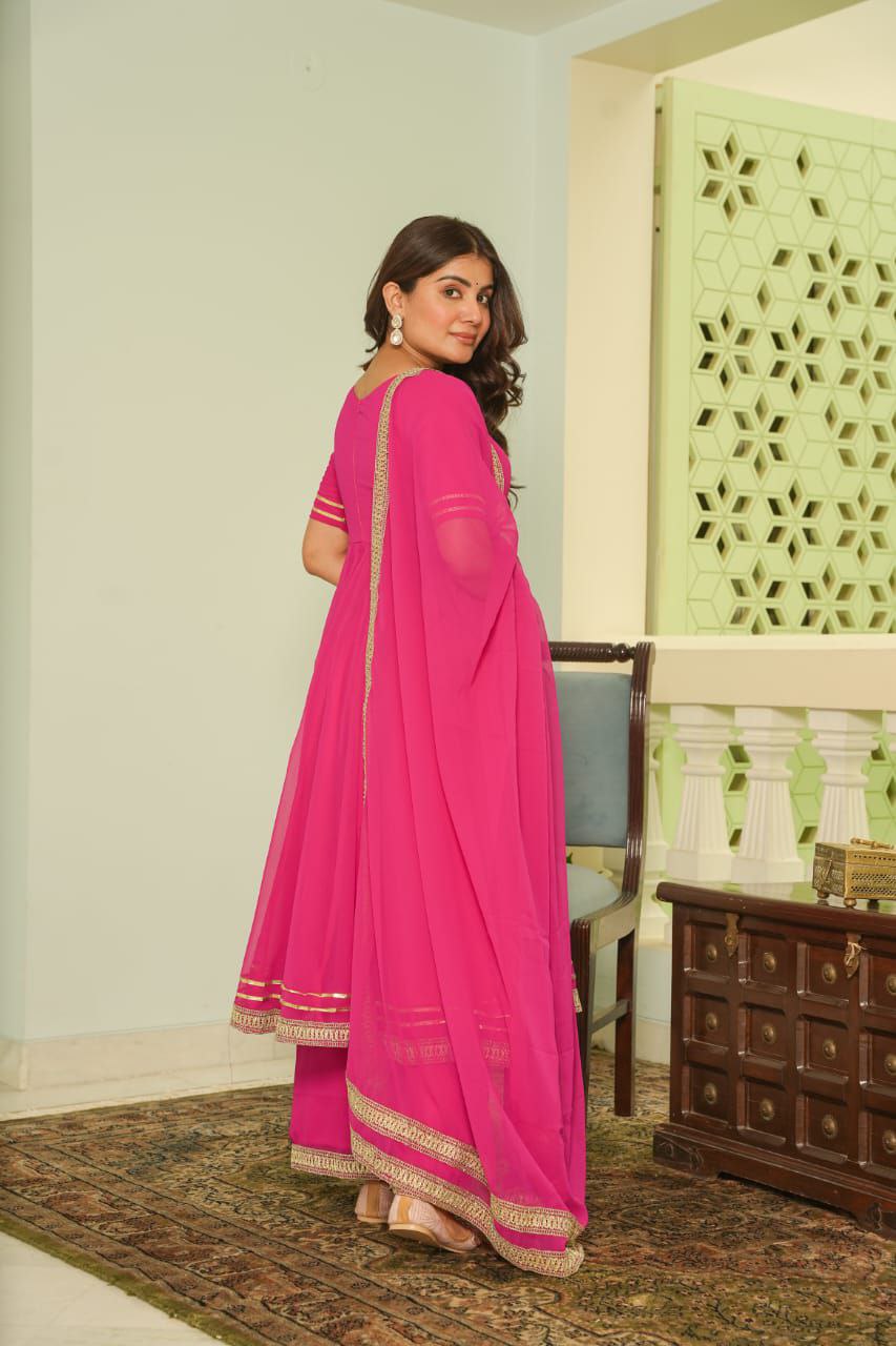 Designer Heavy Embroidered Georgette Gown Set with Full Flair & Lace Detailing