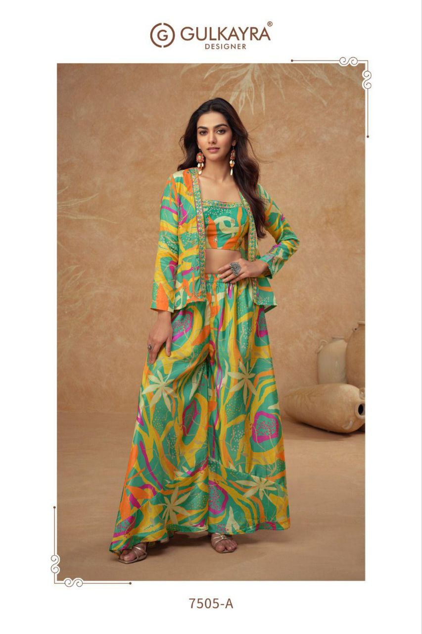 Festive chinon silk digital print palazzo suit free size