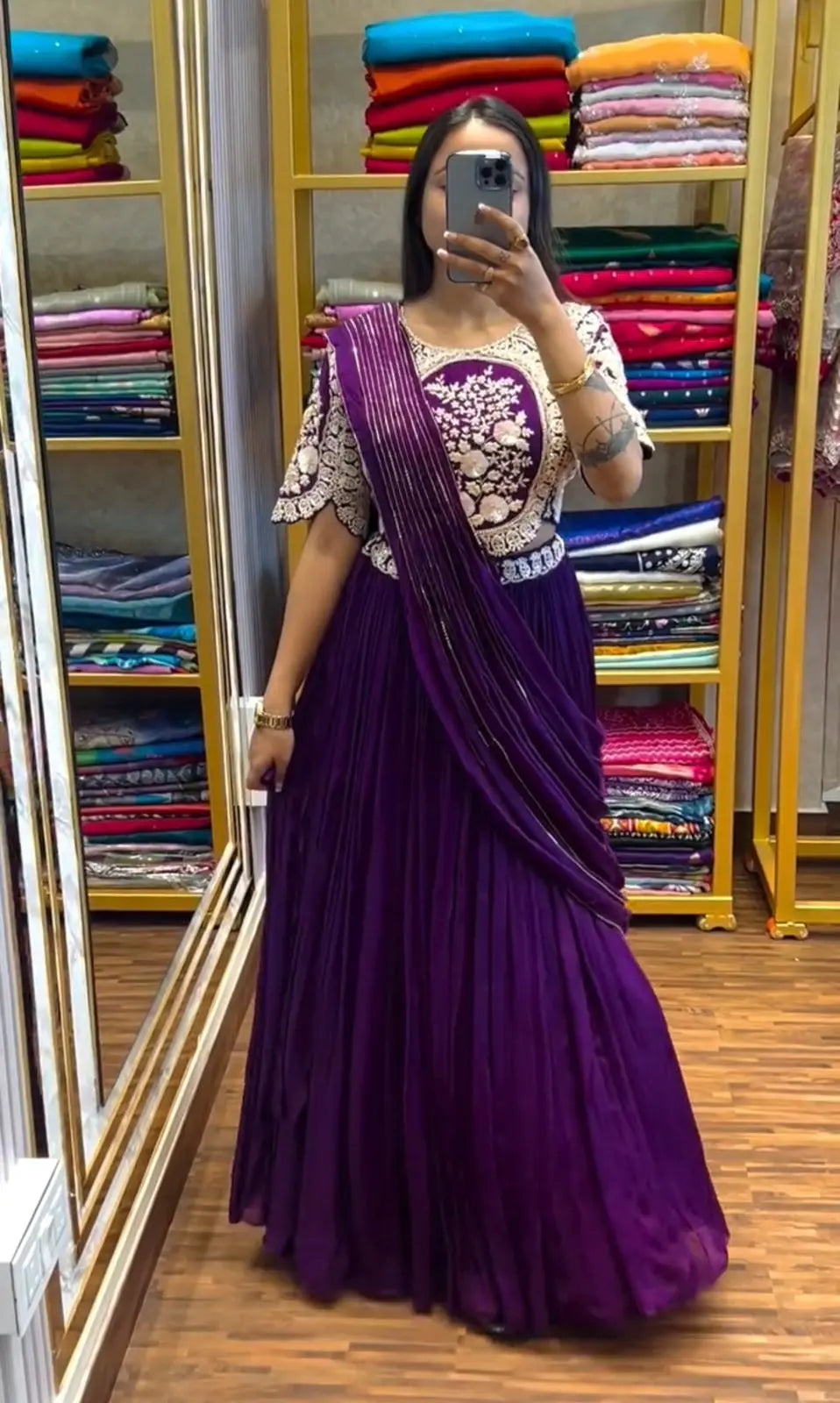 Front view of party wear lehenga saree with blouse