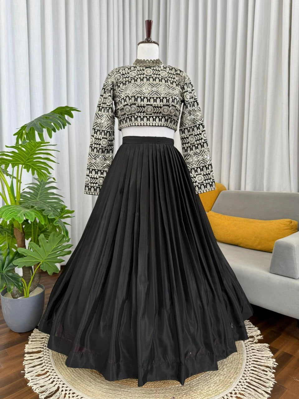 Thread and sequin embroidered organza blouse