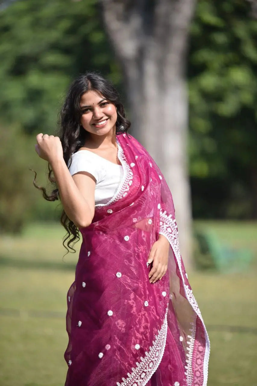 Front view of organza saree with thread work