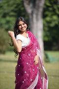 Front view of organza saree with thread work