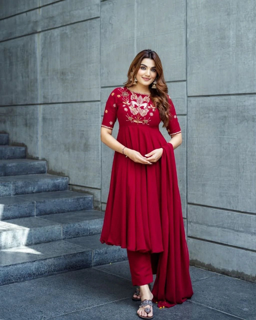 Women’s gown set with pant and dupatta back view