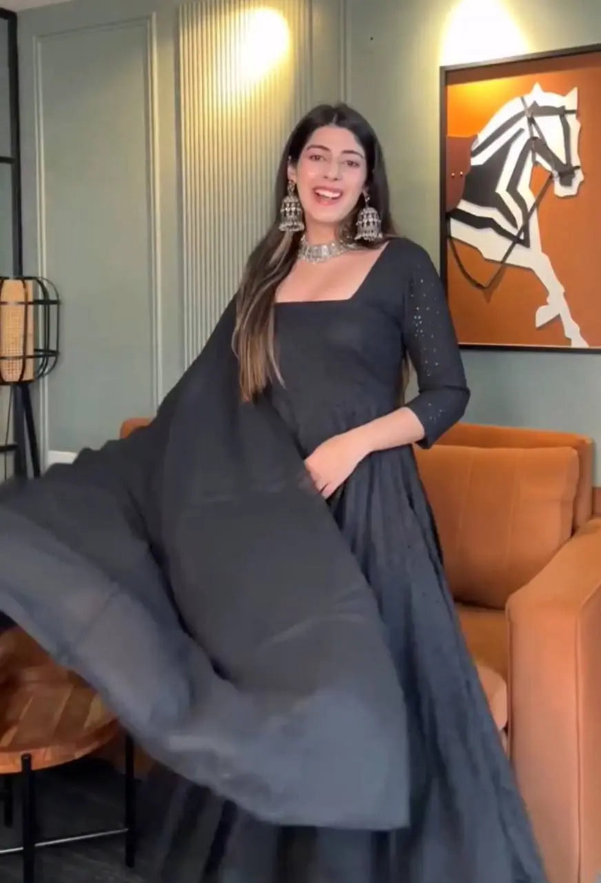 Elegant black Anarkali Kurti in Hakoba fabric with embroidery