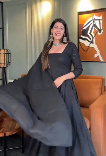 Elegant black Anarkali Kurti in Hakoba fabric with embroidery