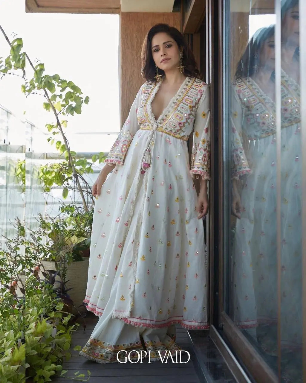 Front view of embroidered Anarkali gown set