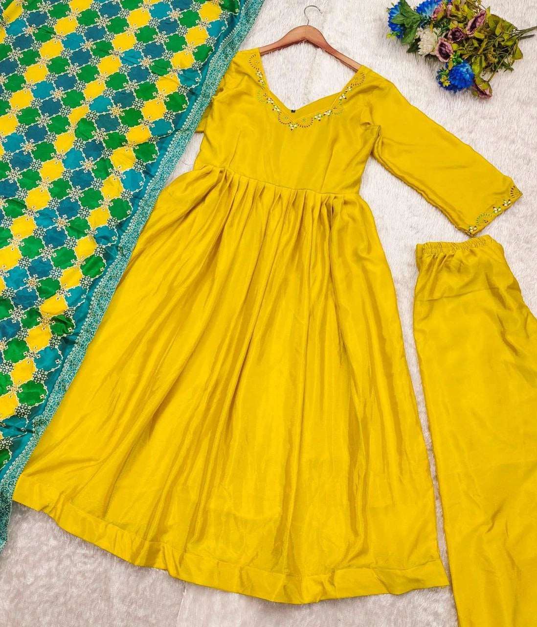 Embroidered Yellow Anarkali Suit with Dupatta