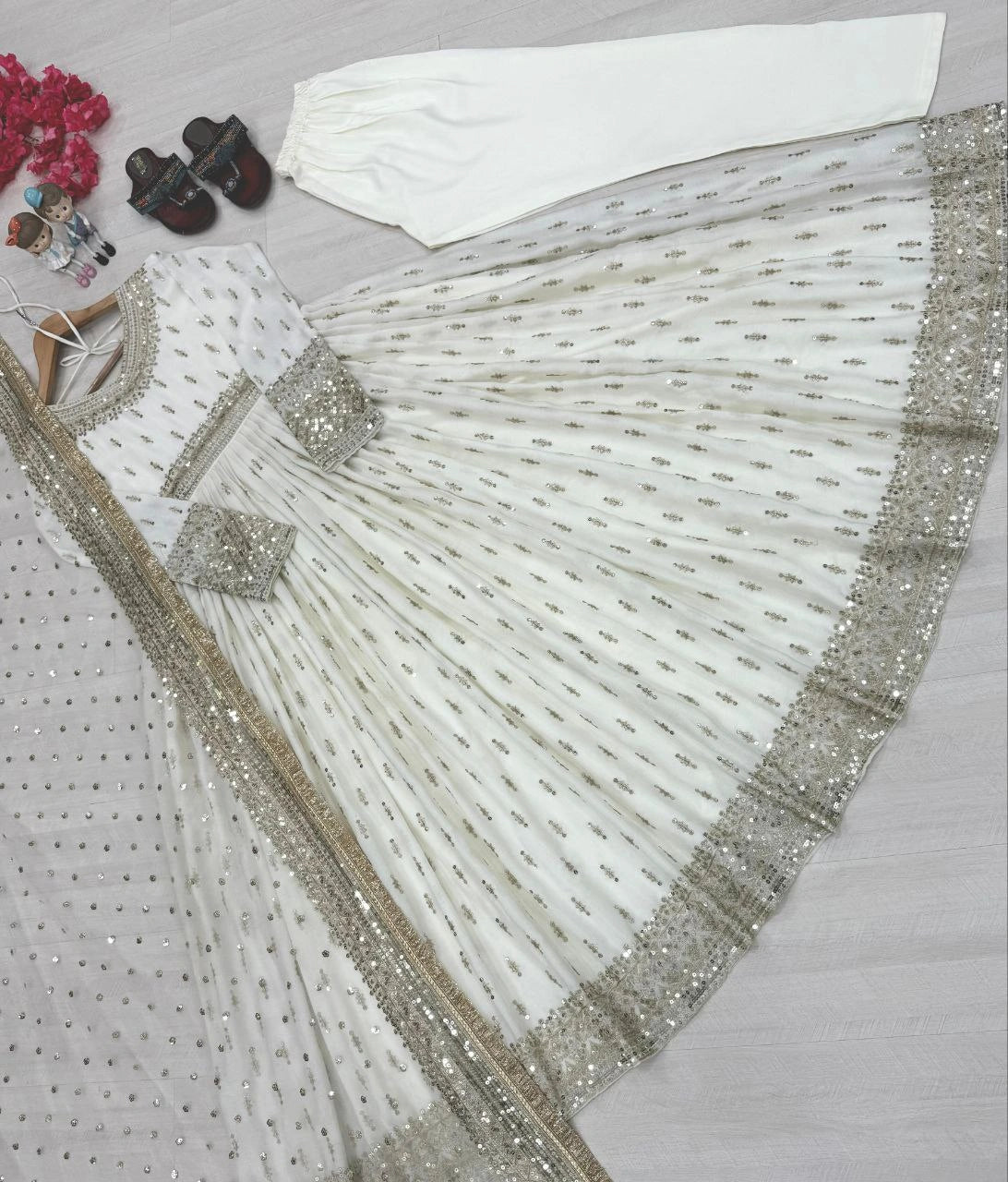 Embroidered Chinon silk gown with tassels