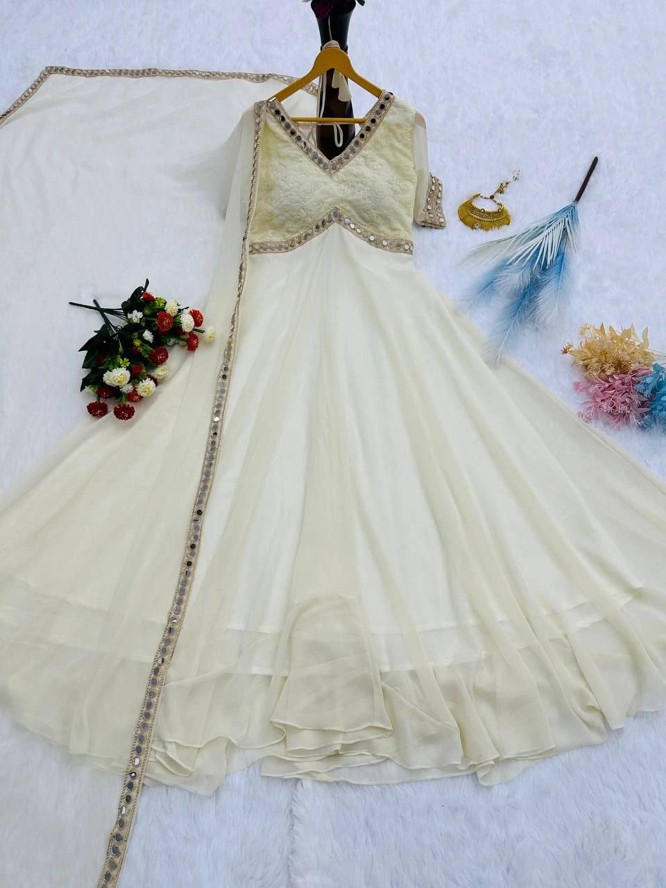Embroidered mirror work dupatta and gown set