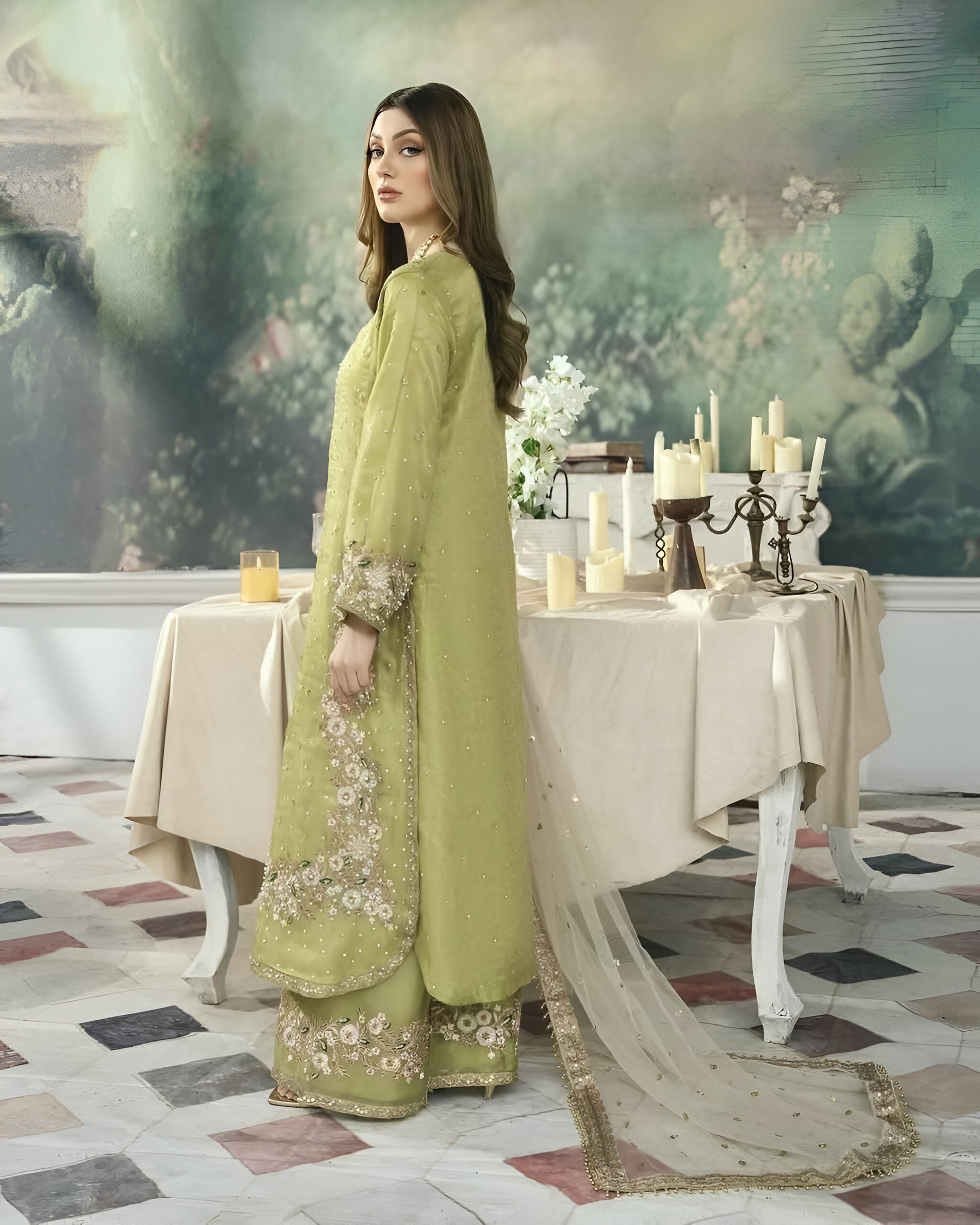 Front view of Chinon silk kurti with handwork