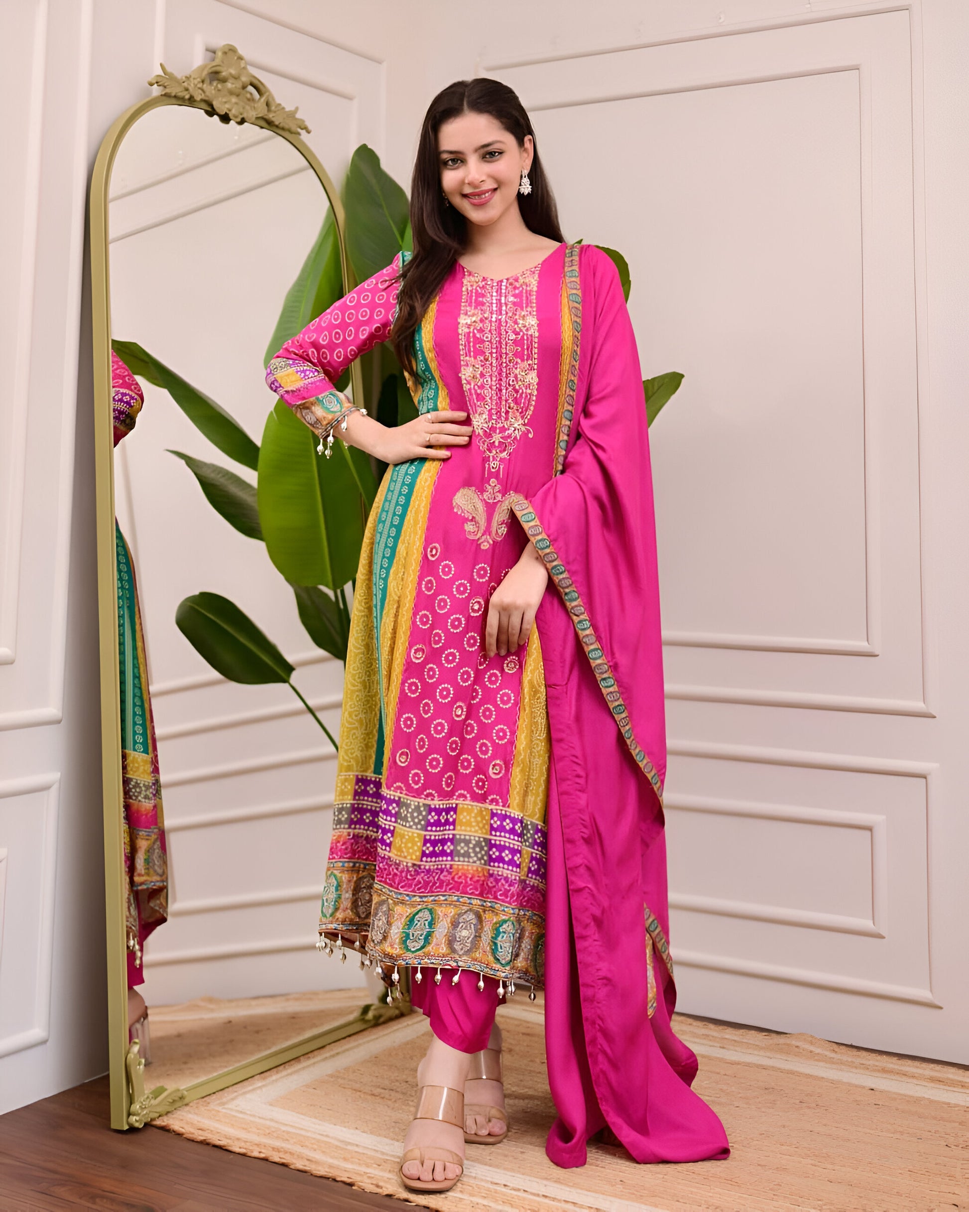 Embroidered maslin suit with mirror work