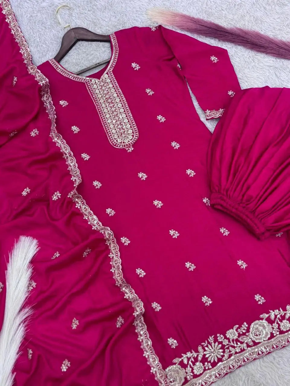 Embroidered plazzo suit with 3-meter flair and matching dupatta