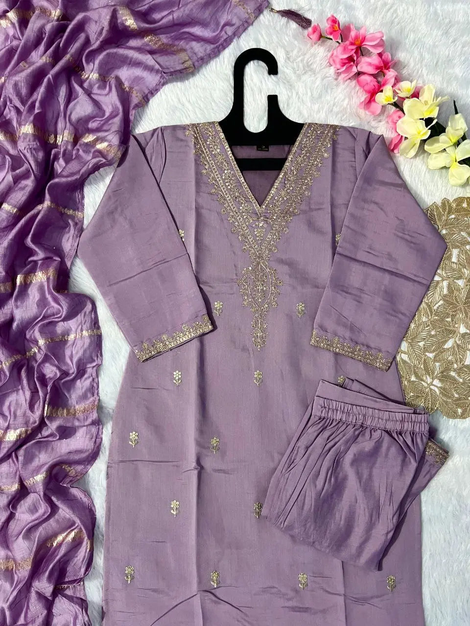 Embroidery and sequence work on Roman silk kurti