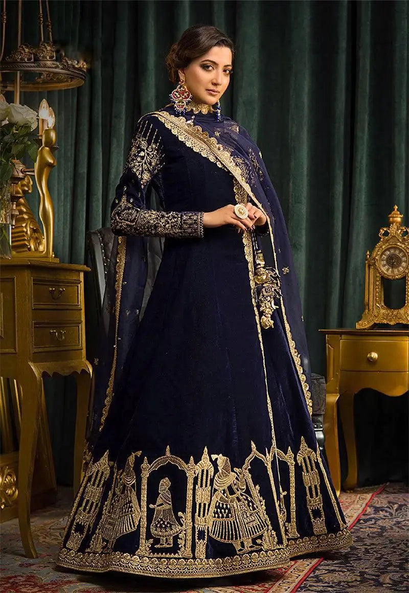 Embroidered velvet Anarkali gown front view
