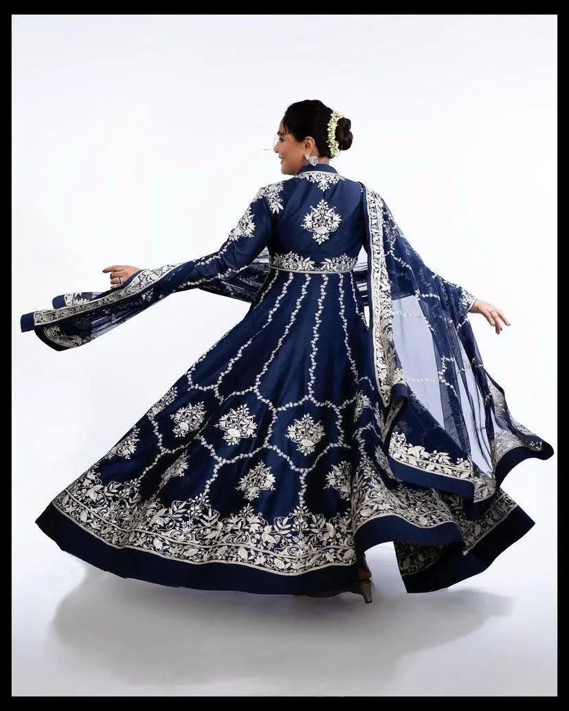 Embroidered details on chinon gown fabric