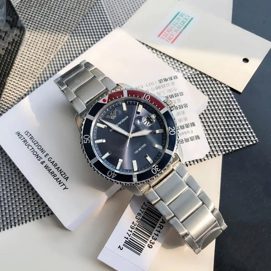 Emporio Armani watch worn on wrist – silver bracelet