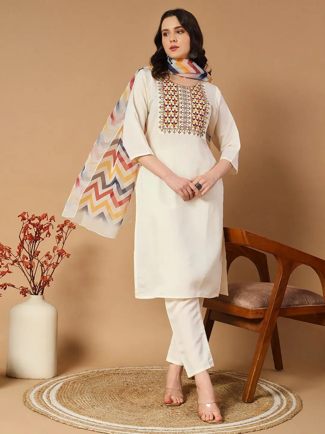Elegant women’s ethnic wear – Kurti Pant Dupatta in Roman Silk