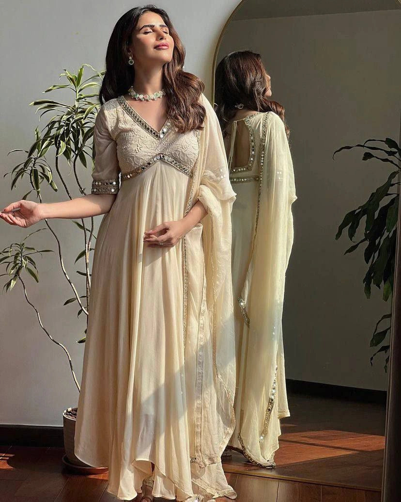 Faux georgette Chikankari mirror work Anarkali gown