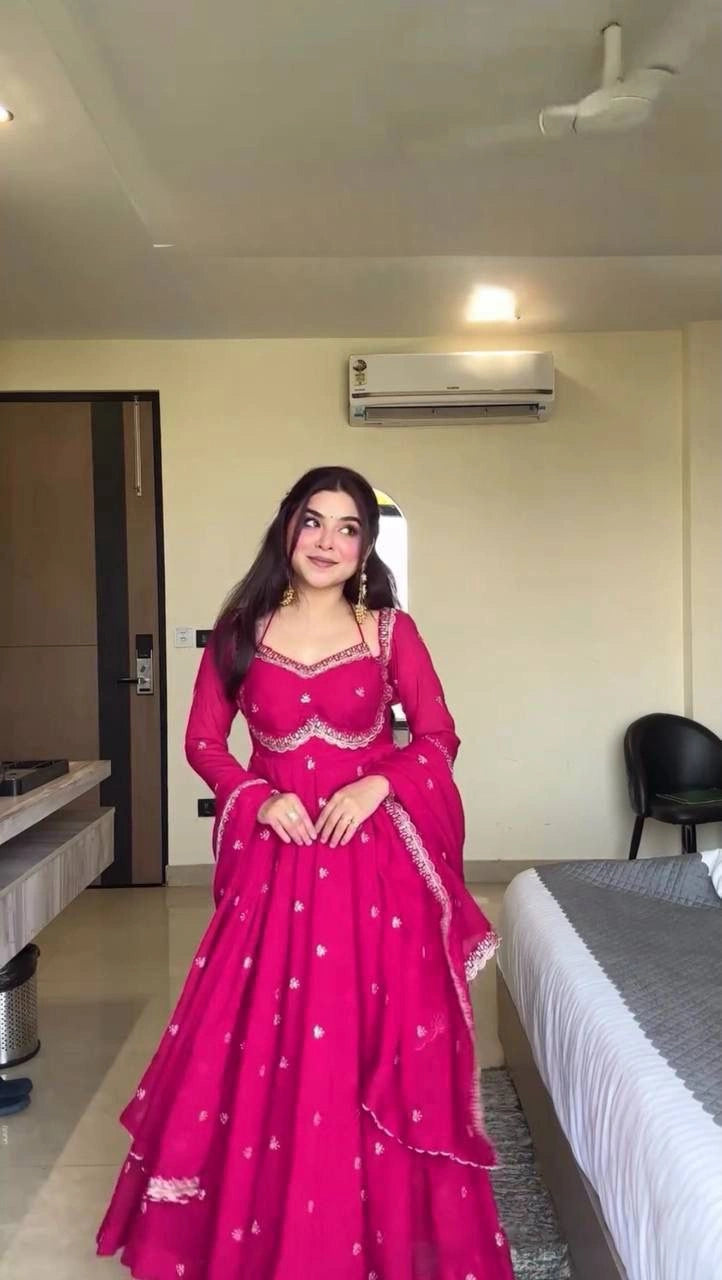 Faux georgette embroidered Anarkali suit front view