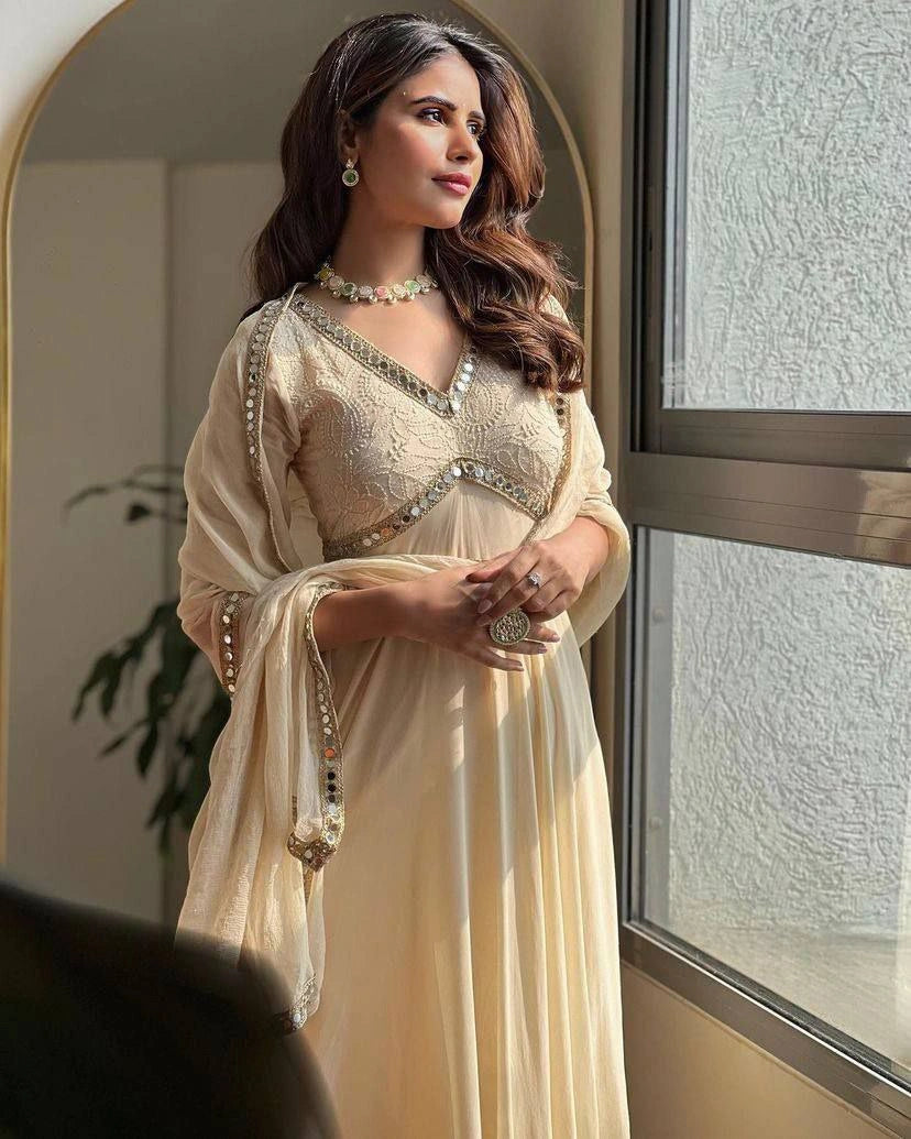 Heavy faux georgette gown with embroidery details